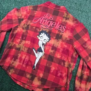 Betty Boop Los Angeles Red Plaid Flannel Shirt Bleach Wash Graphic Womens Medium
